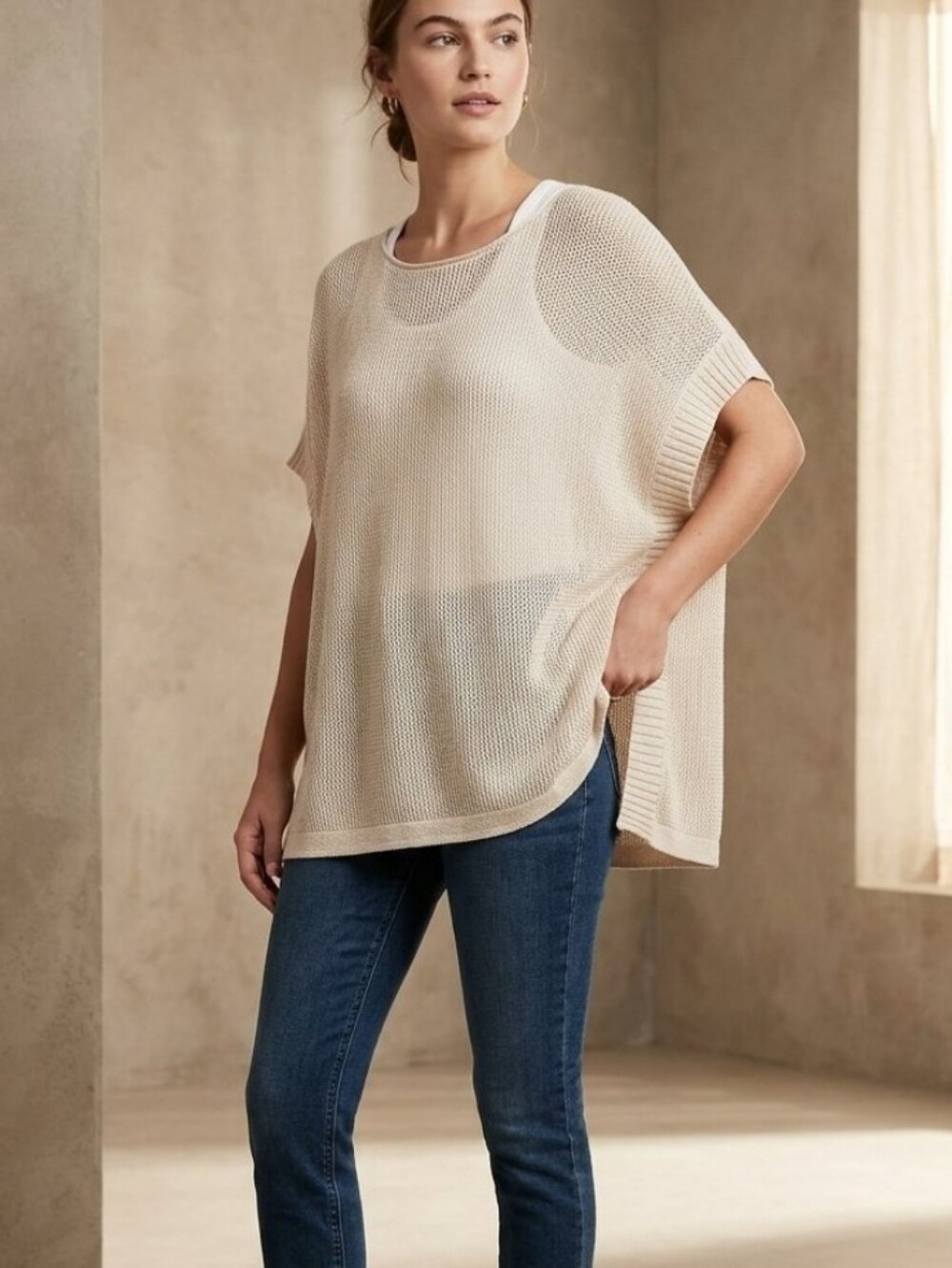 Old Navy Beige Open-Knit Oversized Sleeveless Tunic Sweater XS